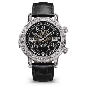 Patek Philippe 6002G-010 Sky Moon Tourbillon mặt trước chạm khắc thủ công