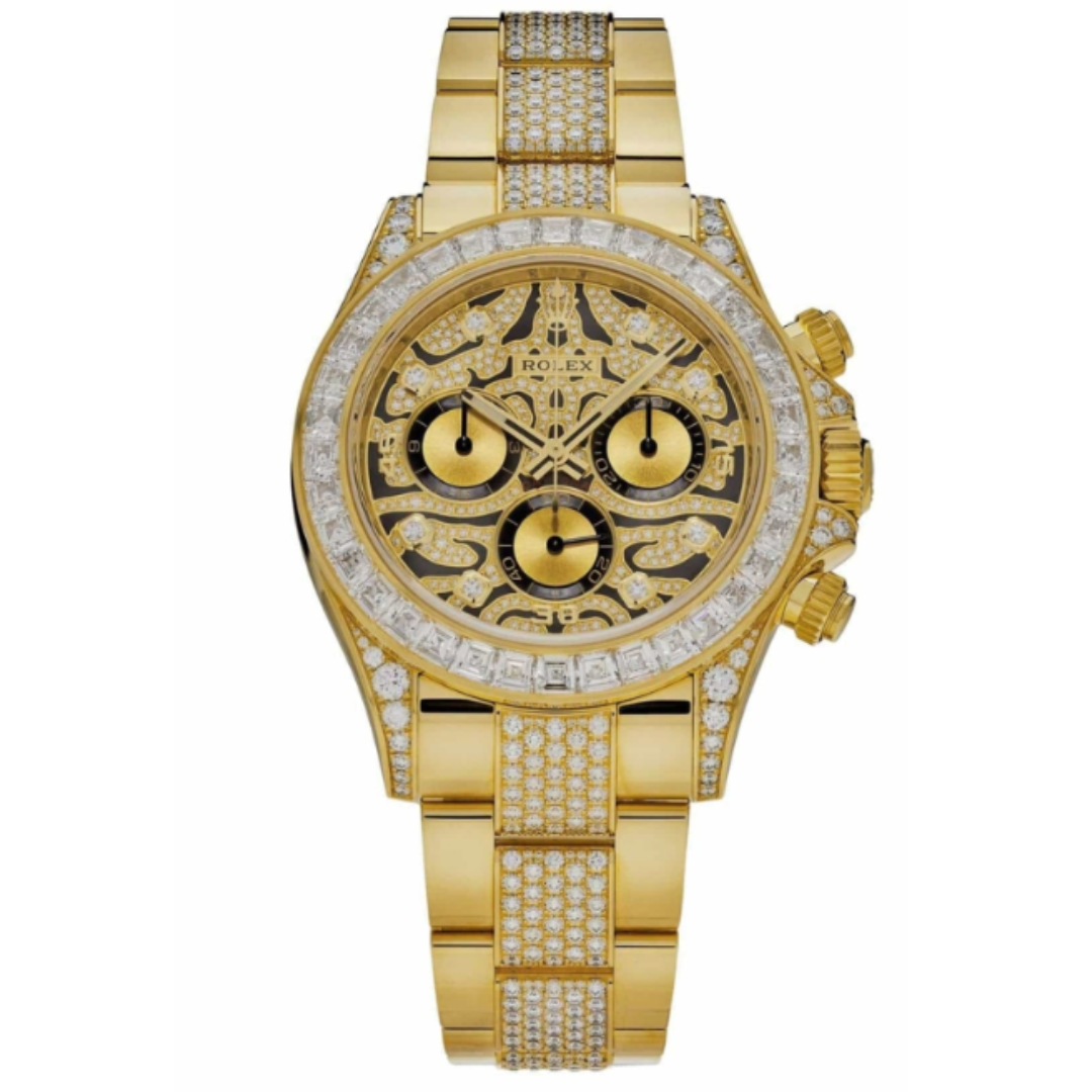 Rolex Cosmograph Daytona 116598TBR Rolex Daytona 116598TBR Eye Of The Tiger vàng 18K đính kim cương, mặt trước đồng hồ